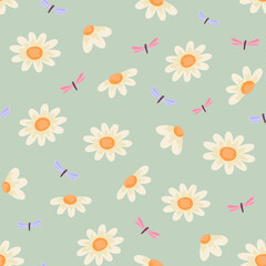 Obraz premium Seamless child illustration with spring flowers daisies and dragonflies. Vector illustration for fabric, packaging, textile, wallpaper, clothing. Isolated on white background