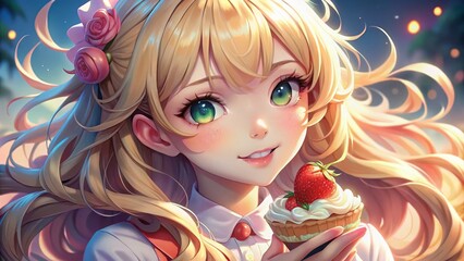 Fototapeta premium Cute Anime Girl with Long Blonde Wavy Hair, Playful Pose, 3D Render