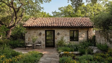 Stone Cottage with Terracotta Roof in a Lush Garden