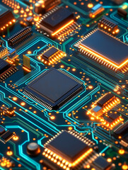 Fototapeta premium Circuit Board: An eye-level shot of a circuit board, a technological masterpiece. The photograph highlights the intricate design, with its colorful network of glowing orange lights over an azure base.
