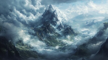 Fototapeta premium Majestic mountain peak, cloudscape valley, aerial view, fantasy game art