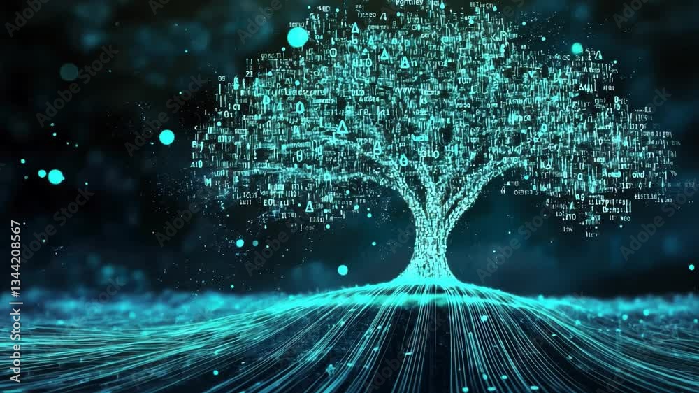 Aufkleber abstract digital tree with binary code and blue glowing particles illustrating data growth and techn