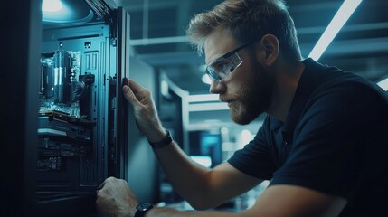 Focused male technician repairing a computer, meticulously working on internal components in a dimly lit server room.