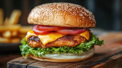 A delicious cheeseburger served with fresh lettuce, tomato, and crispy fries.