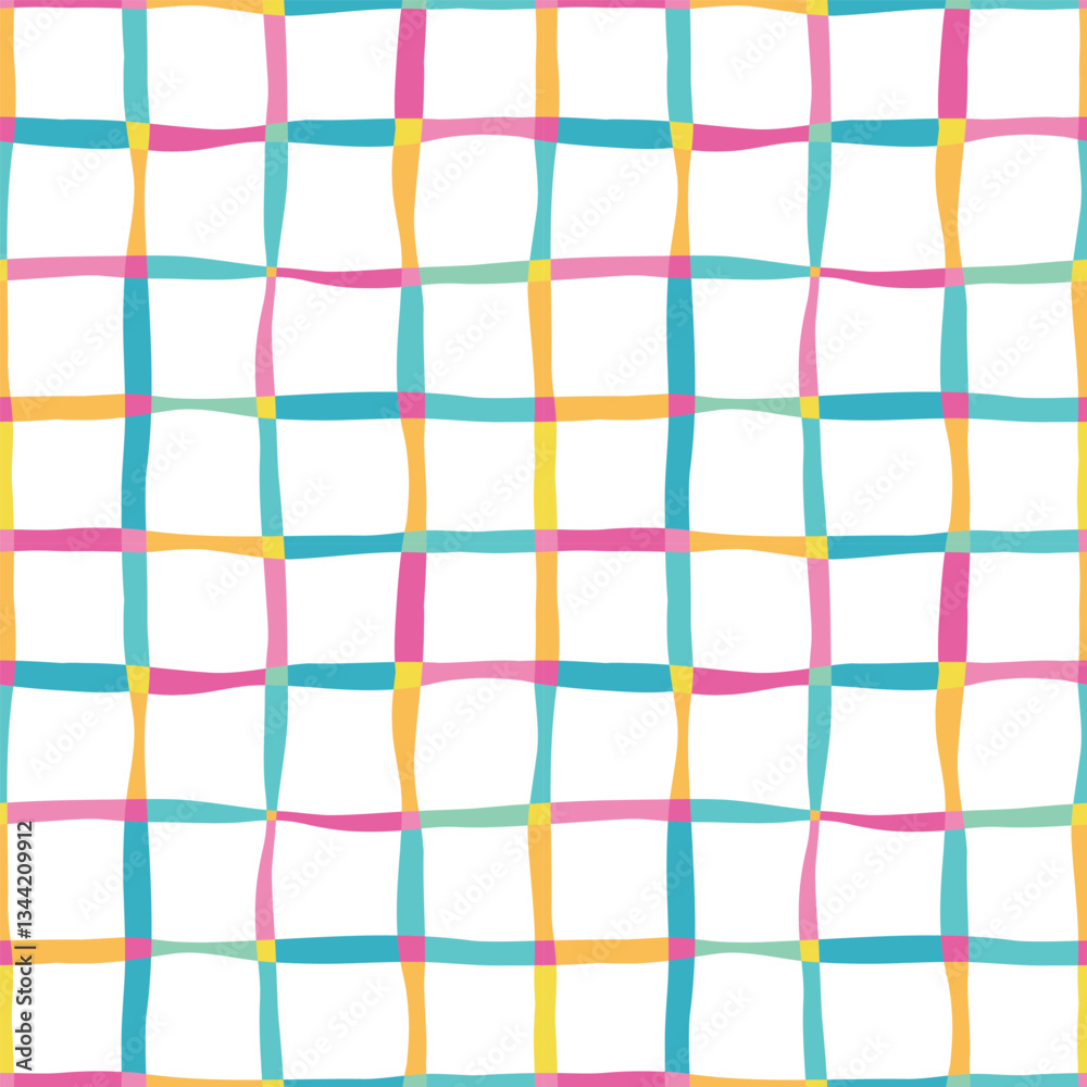 Poster Funky fun colorful grid check wavy lines on white background, seamless repeating vector pattern tile
