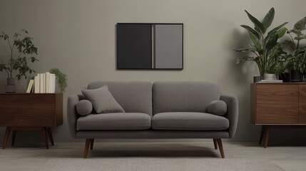 Cozy living room interior design with gray couch, plants and wooden furniture