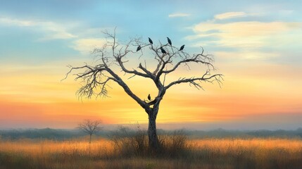 Birds perched on dead tree at sunrise, savanna landscape