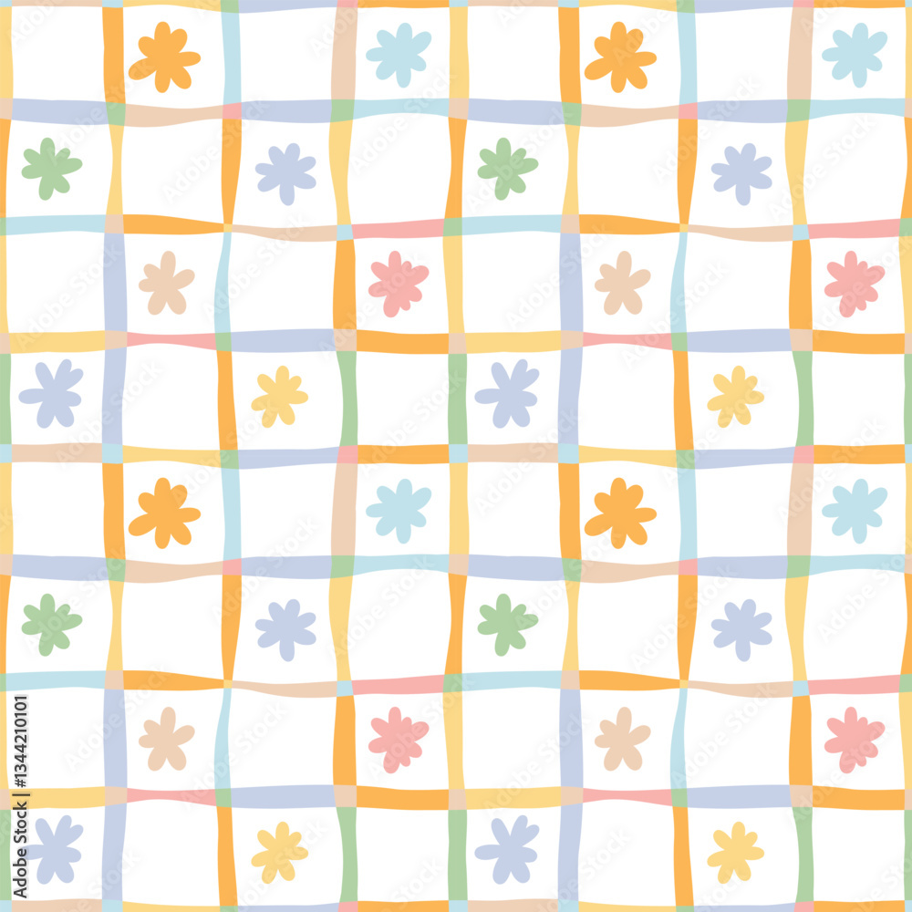 Poster Cute colorful spring daisy grid check on white background, seamless repeating modern fun doodle daises vector repeat pattern tile