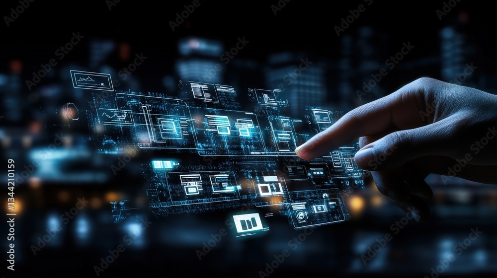 Poster futuristic hand interacting with translucent holographic interface displaying data nodes and digital