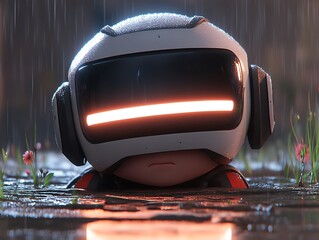 A robotic character wearing a futuristic headset standing in the rain