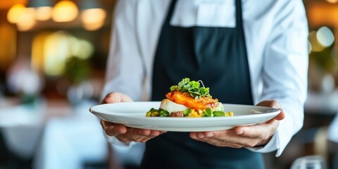 Waiter carrying a plate with some fancy dish on festive event, party or wedding reception.