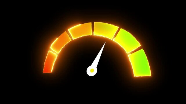 Glowing neon Speedometer icon on black background, white needle, dark background, illuminated dial, performance meter, energy efficiency indicator, dynamic lighting