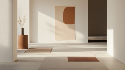 Fototapeta premium Empty room with white walls and flooring. on the left side of the image, there is a tall vase with dried grass in it. the vase is made of a light-colored material and has a cylindrical shape.