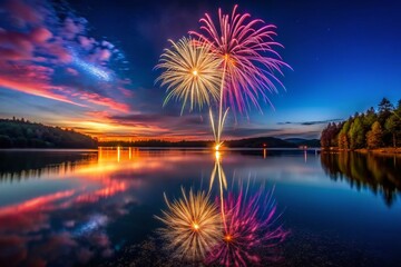 Minimalist Night Lake Fireworks Display: Calm Waters, Exploding Colors