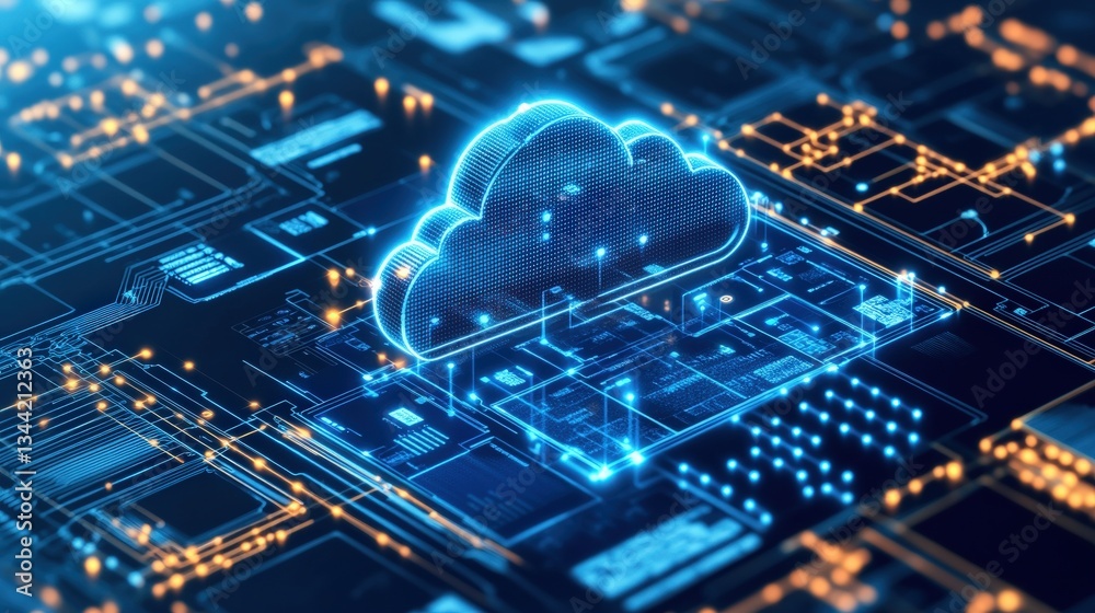 Poster glowing blue cloud computing symbol on an illuminated circuit board representing the integration of 