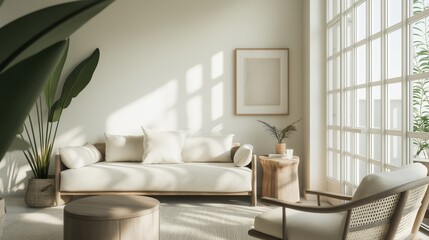 Modern living room with a large window on the right side. the window has white frames and is letting in natural light.