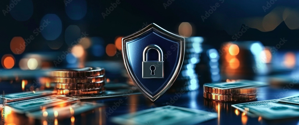 Poster A shield symbol with a padlock represents security and privacy in banking.