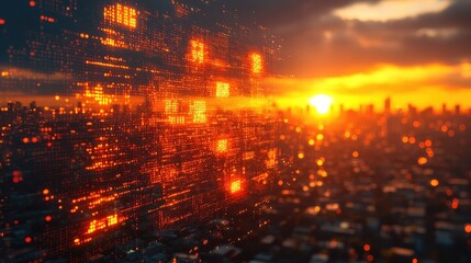 Naklejka premium Sunset city wall of code