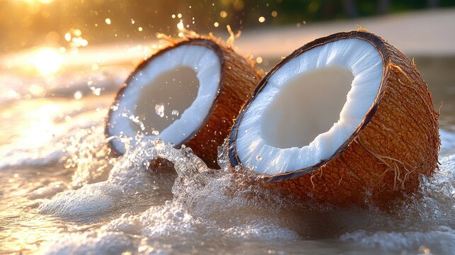 Two halves of coconut in ocean waves, sunset. Perfect for tropical vacation, summer, or refreshment themes.