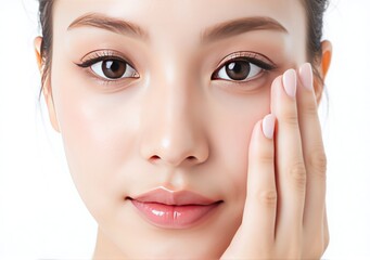 beauty model with clean, glowing skin, isolated in a studio with a brown background, highlighting her flawless complexion for skincare promotion