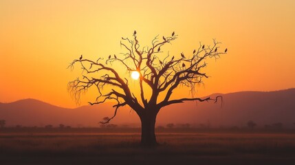 Obraz premium Sunrise silhouettes birds on dead tree, savanna landscape, poster