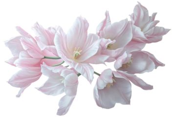 A delicate bouquet of soft pink tulips arranged beautifully on a pastel pink background, perfect for spring celebrations like Mother's Day or Easter. The flowers are gently fanned out