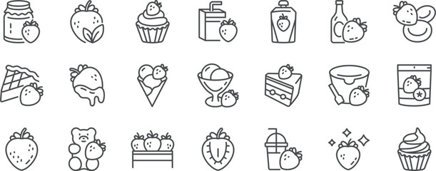 Strawberry Products Vector Icons Set. Jam, Juice, Yogurt, Sauce, Ice Cream, Fresh Berries, Organic Food, Farming, Packaged Goods, Dried Snacks, Smoothie, Sweet Desserts, Strawberry Flavoured Sweets