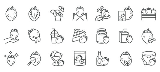 Fototapeta premium Strawberry Products Icons. Strawberry Jam, Bottle, Sauce, Cupcake, Candy, Dried Strawberry Fruit, Puree, Pouch, Cup, Editable Linear Strawberry Collection 