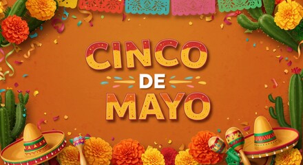 Cinco de Mayo festive background with traditional Mexican decorations, sombreros, marigolds, and cacti. Colorful celebration design for greeting card, party invitation