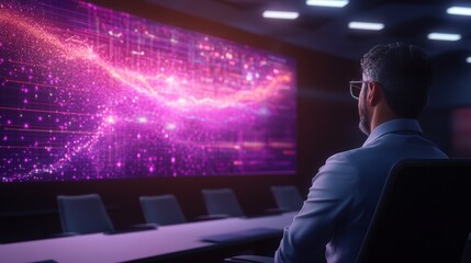 Businessman in a suit observing abstract data visualization in dim conference room, illuminated by vibrant shades of purple and pink colors on screen.