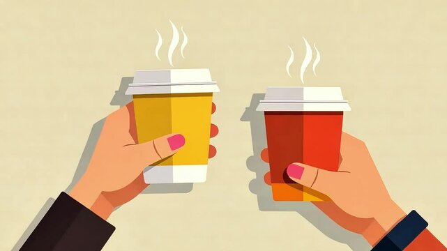 Female hands holding two paper cups with hot coffee drink. Coffee to go concept, vector cartoon style. Banner or background, design template