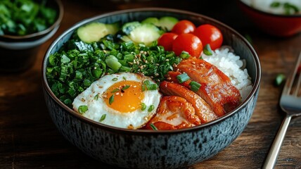 Grilled Chicken and Vegetable Rice Bowl with Fried Egg