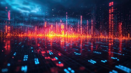 Fototapeta premium Vibrant digital landscape showcasing data streams and glowing elements at dusk