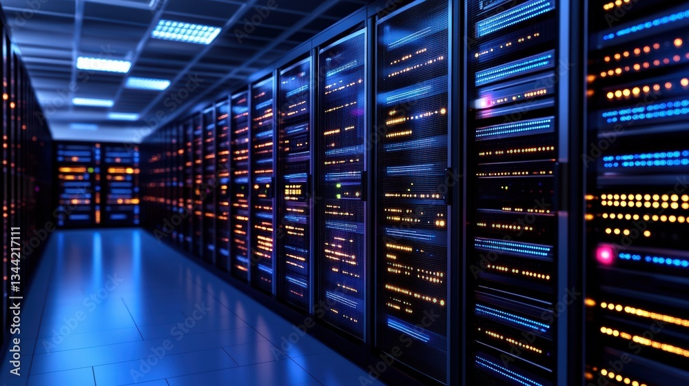 Poster rows of illuminated server racks in a long dark corridor within a modern data center showcasing adva