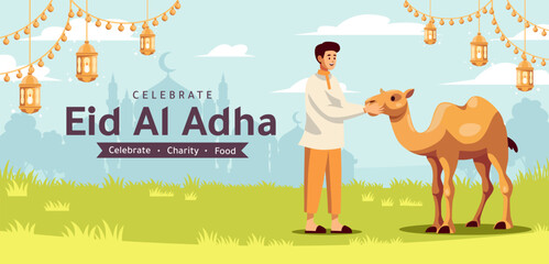 Man by camel celebrating Eid al Adha. Suitable for holiday marketing materials, social media posts, and cultural event promotions