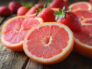 Juicy grapefruit halves and fresh strawberries on rustic wood. Perfect for healthy eating, summer recipes, or vitamin C content themes.
