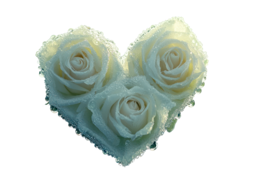 A macro shot of dew-covered roses arranged in the shape of a heart, the petals soft and velvety, with a blurred background of soft green foliage, evoking a sense of intimacy and beauty