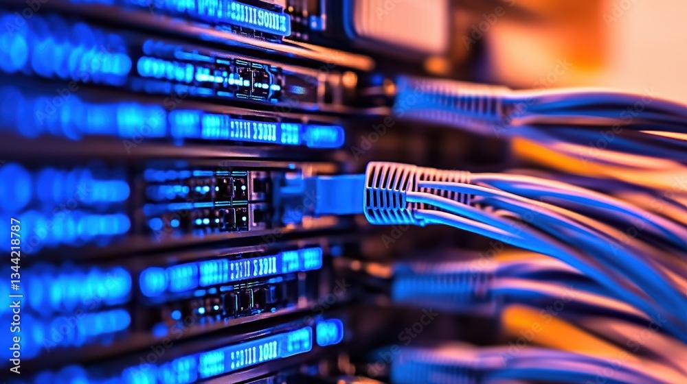 Poster close-up view of an intricate server rack in a data center with multiple network cables highlighting
