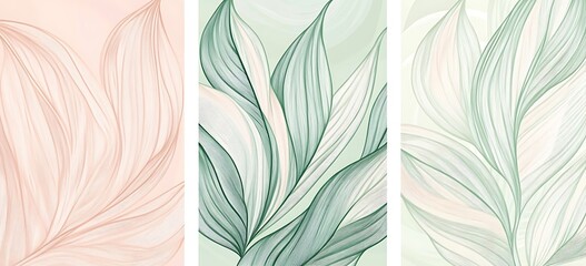 Set  pastel line art abstract botanical wall artworks with a minimalistic monstera leaf illustration
