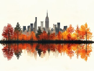 Obraz premium NYC skyline reflected in autumnal lake. Perfect for travel, nature, and autumn themes.