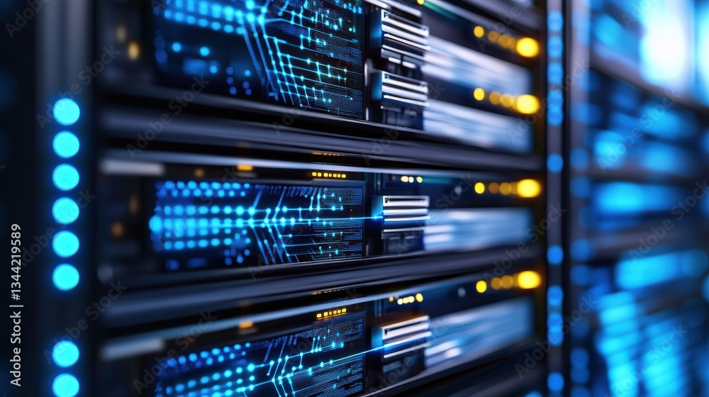 Poster close-up view of a high-tech server rack filled with multiple illuminated server units showcasing ab