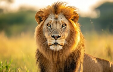 Fototapeta premium Majestic lion gazing intently in golden grassland during sunset, showcasing wildlife beauty