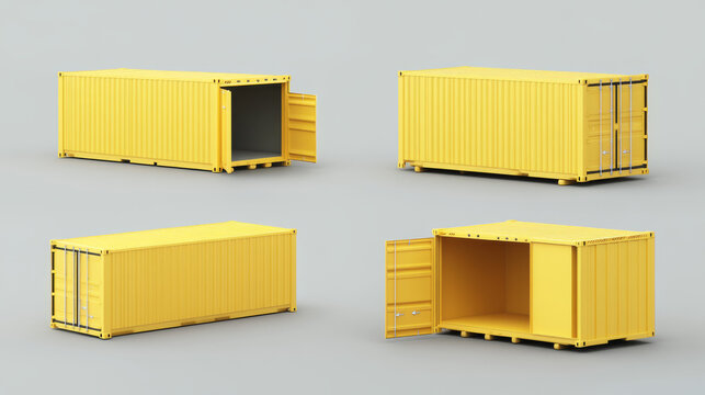 Realistic 3d yellow container for cargo shipping. Vector illustration set of closed and open empty long industrial box for storage and shipment. Intermodal freight transport logistic package mockup.