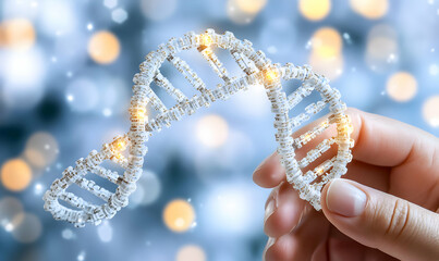 Hand holding a futuristic, glowing DNA double helix model against a bokeh background, representing genetic research, biotechnology, and scientific advancement.