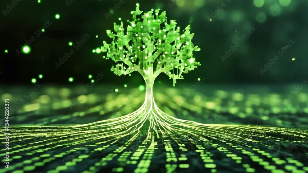 Poster digital tree with green leaves and binary code background representing technology, growth, nature, a