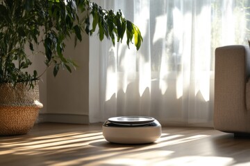 Smart pet feeder in living room with minimalist design and daylight