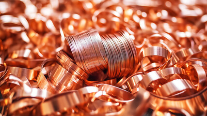 Pile of shiny copper shavings and coiled copper wire, reflecting light and creating rich metallic texture. Ideal for themes related to recycling, metalworking, industrial processes, raw materials