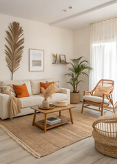 A serene living room features a beige sofa, rattan chair, jute rug, wooden coffee table, pampas grass, and neutral tones. Coastal bohemian style.