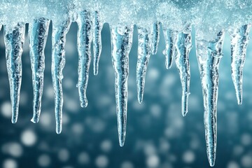 Stunning Closeup of Icicles Hanging From a Snowy Roof Edge Winter Wonderland Scene