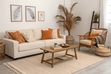 Bohemian living room decor beige sofa, palm decor, orange pillows.